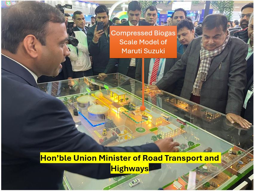 Maruti_Corp's tweet photo. We thank Shri @nitin_gadkari, Hon’ble Union Minister of Road Transport and Highways for visiting us at #BharatMobility. Elated to showcase the Global EV, e VITARA &amp; CBG manufacturing scale model.
#AtmanirbharBharat  
@OfficeOfNG 
@MORTHIndia
@MHI_GoI
@PiyushGoyalOffc https://t.co/zDUyAxGkbQ