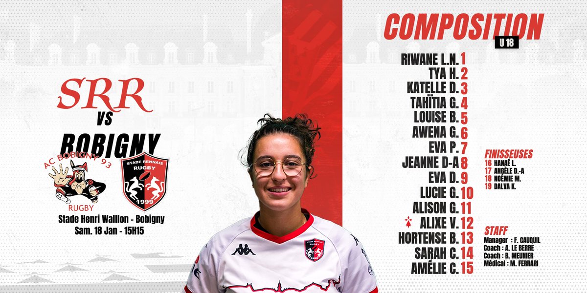 U18 : AC Bobigny 93 x Stade Rennais Rugby⛈️

La composition de nos Mini Tempête face à Bobigny.❤️🖤

3️⃣ Katelle à droite
💥 Jeanne 3 
🗓️ Samedi 18 Janvier 
🏟️ Stade Henri Wallon
⏰ Coup d’envoi 15h15