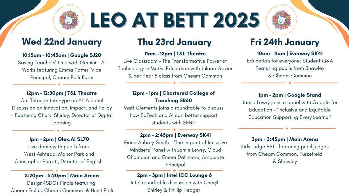 LEO Academy Trust (@leoacademies) on Twitter photo 🦁 LEO at #BettUK2025
We can’t wait to be back <a href="/Bett_show/">Bett Global</a> & would love to meet up with anyone interested in our work on digital strategy & #PedTech.
Come & say hello to <a href="/MrsShirley8/">Cheryl Shirley</a>, <a href="/PhillipHedger/">Phillip Hedger</a>, <a href="/JulaanGovier/">Julaan Govier</a>, <a href="/jamielewry/">jamielewry</a>, <a href="/MrcTechteacher/">Mr Clements</a> & digital leaders from our schools. 🦁 LEO at #BettUK2025
We can’t wait to be back <a href="/Bett_show/">Bett Global</a> & would love to meet up with anyone interested in our work on digital strategy & #PedTech.
Come & say hello to <a href="/MrsShirley8/">Cheryl Shirley</a>, <a href="/PhillipHedger/">Phillip Hedger</a>, <a href="/JulaanGovier/">Julaan Govier</a>, <a href="/jamielewry/">jamielewry</a>, <a href="/MrcTechteacher/">Mr Clements</a> & digital leaders from our schools.