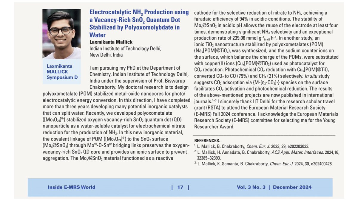 Subhalucky_32's tweet photo. Excited to be featured as a #YoungResearcher in the #Europeanmaterialreserachsociety (EMRS) December Newsletter! Thanks to my incredible mentor, Dr. Biswarup Chakraborty, for his immense support and EMRS for this amazing recognition!
@PECLabIITDelhi @Chemistry_iitd @iitdelhi https://t.co/xAcd9YSydZ