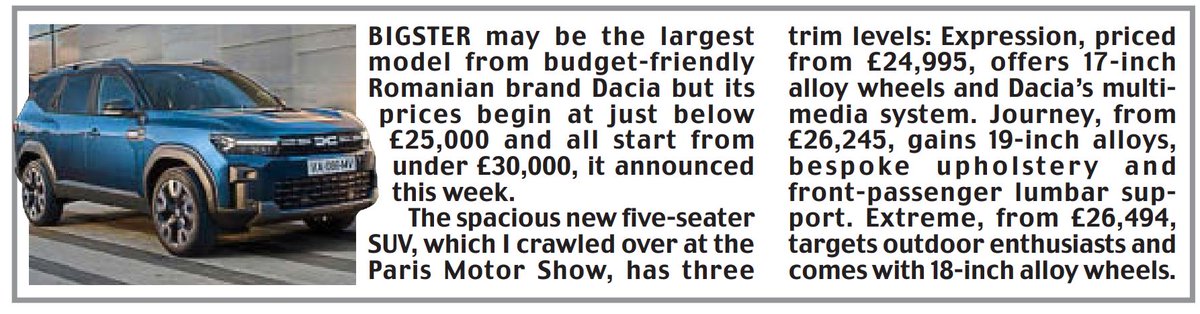 raymasseytweets's tweet image. Value for money brand Dacia finally reveals Bigster SUV price range. Does it fit your budget?
Read me @MailOnline @DailyMailUK 
@daciauk @CharlieRoper @Jim_Holder @RenaultUKPR @renaultgroup #consumer #cars #motoring 
thisismoney.co.uk/money/cars/art…