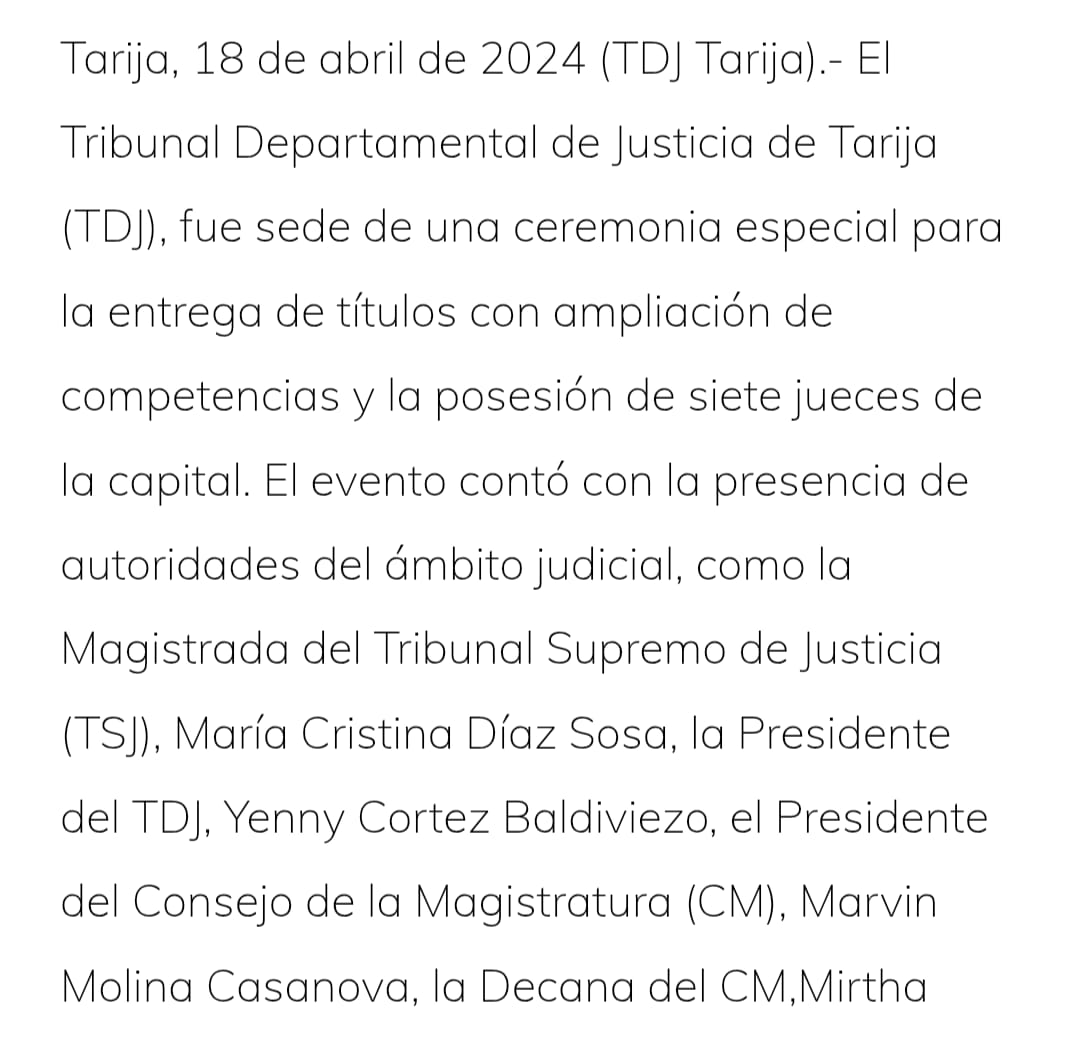 evoespueblo's tweet photo. El Juez Quinto de Instrucción Penal de Anticorrupción y Contra la Violencia hacia la Mujer de Tarija, Nelson Alberto Rocabado Romero -que me declaró en rebeldía, ordenó mi aprehensión, arraigo y anotación de mis bienes- fue posesionado el 18 de abril de 2024, tras haber sido nombrado por el Consejo de la Magistratura, presidido por el autoprorrogado y protegido del gobierno de Arce Catacora: Marvin Molina Casanova.
En su posesión estuvo la magistrada del TSJ, autoprorrogada, María Cristina Díaz Sosa (tarijeña) que, en el golpe de Estado del 2019, fue propuesta para asumir la presidencia del país por el golpista Fernando Camacho. Antes, esta magistrada fue denunciada por vender juzgados en Tarija (Los Tiempos/04/11/2019).
El juez que me juzga fue nombrado por los autoprorrogados, tan defendidos y protegidos por el gobierno que me acusa.
Aquí una prueba de que los jueces no son independientes. No respetan el debido proceso y toman determinaciones sin pruebas. Solo obedecen a los que les hacen el favor de nombrarlos.