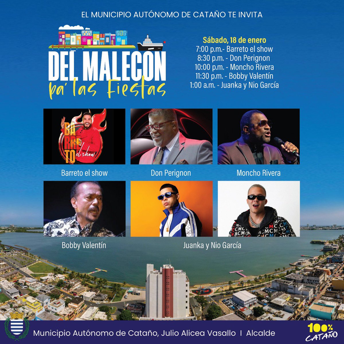 Estos son los artistas que se presentarán en la tarima de “Del Malecón Pa’ las Fiestas” HOY sábado, 18 de enero. ¡Les esperamos! ⛴️🇵🇷🎉