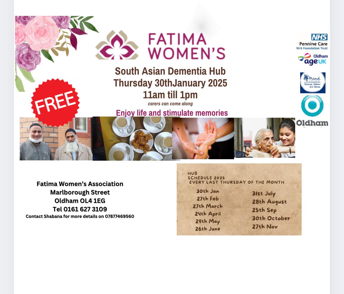 fatimawomens (@fatimawomens) on Twitter photo South Asian Demetia Hub every last Thursday of the month <a href="/fatimawomens/">fatimawomens</a>
<a href="/KershawsHospice/">Dr Kershaw's Hospice</a> <a href="/Oldham_Hour/">Oldham Hour</a> <a href="/REELCIC/">TEAM REEL</a> <a href="/ShaidMushtaq/">Shaid Mushtaq</a> <a href="/WeActTogether/">Action Together</a> <a href="/community_oak/">OAKCommunityDevelopment</a> <a href="/GhazaliTrust/">Ghazali Trust</a> <a href="/CarersTrust/">Carers Trust</a> <a href="/TOGMind/">Tameside, Oldham & Glossop Mind</a> <a href="/oldham_ukeff/">Ukeff Oldham</a> <a href="/alzheimerssoc/">Alzheimer's Society</a> South Asian Demetia Hub every last Thursday of the month <a href="/fatimawomens/">fatimawomens</a>
<a href="/KershawsHospice/">Dr Kershaw's Hospice</a> <a href="/Oldham_Hour/">Oldham Hour</a> <a href="/REELCIC/">TEAM REEL</a> <a href="/ShaidMushtaq/">Shaid Mushtaq</a> <a href="/WeActTogether/">Action Together</a> <a href="/community_oak/">OAKCommunityDevelopment</a> <a href="/GhazaliTrust/">Ghazali Trust</a> <a href="/CarersTrust/">Carers Trust</a> <a href="/TOGMind/">Tameside, Oldham & Glossop Mind</a> <a href="/oldham_ukeff/">Ukeff Oldham</a> <a href="/alzheimerssoc/">Alzheimer's Society</a>