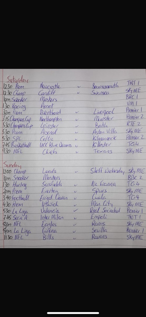 It’s that time of the week again folks ❤️We have a jam packed weekend of sport for ye all and she promises to be a good one. Enjoy her and be safe 💃🙏🎉