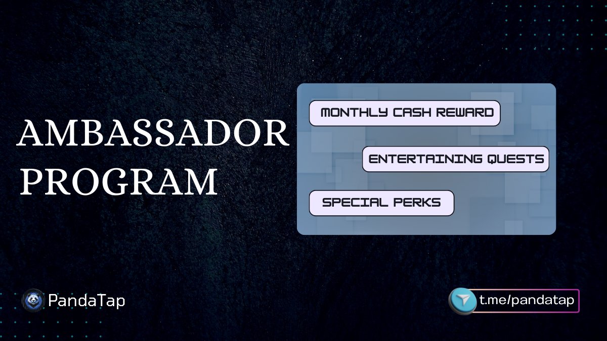 Pandatapcoin's tweet photo. 🚀 The PandaTap Ambassador Program!

🎉 We're thrilled to introduce our special program where YOU can become a PandaTap contributor and earn incredible rewards!

➡️ Join now: https://t.co/qeO9neHNWm ⬅️

🔥 Exclusive Ambassador Privileges:
• $1,000 USDT monthly airdrop
• Chance to grow as a PandaTap Influencer
• Private chat with the PandaTap team
• $PTAP airdrop multiplier
• Early access to all updates
💡 Learn all about the benefits and structure of this exciting program in our article:
➡️ https://t.co/26LJ5JAB4R
🏆 Monthly Prize Pool Distribution:
🥇 1 to 5 - $75 USDT each
🥈 6 to 10 - $40 USDT each
🥉 11 to 20 - $20 USDT each
🎖️ 21 to 30 - $10 USDT each
🎗️ 31 to 55 - $5 USDT each
😎 Don’t miss out—join our quest campaign and start earning rewards today! 🌟
👉 https://t.co/qeO9neHNWm