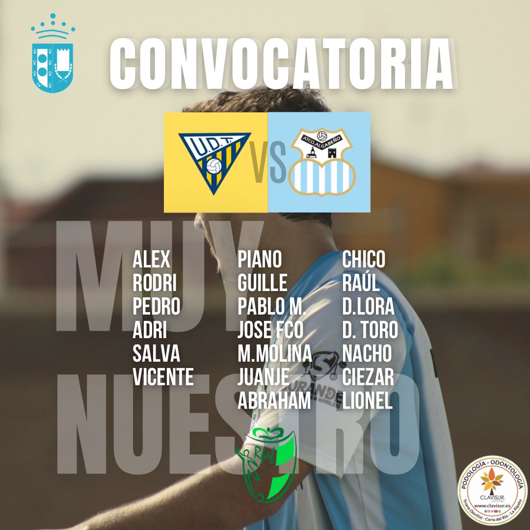 𝐂𝐎𝐍𝐕𝐎𝐂𝐀𝐓𝐎𝐑𝐈𝐀 📋

Estos son los 20 jugadores elegidos por <a href="/JoseBerrio3/">Jose Enrique Berrio</a> para el partido ante la <a href="/cantera_udt/">Cantera UDT</a> 

Patrocinado por <a href="/Clavisur/">CLAVISUR clínicas</a> 

¡Vamos Algabeño! 🩵

#MuyNuestro