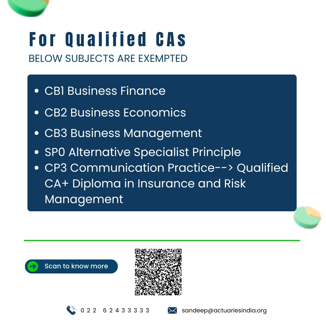 Calling all Chartered Accountants! Fast-track your actuarial career with subject exemptions!

#ActuarialExemptions #CAtoActuary #ActuarialJourney #ActuariesIndia #IAI #FastTrackCareer #Exemptions #CharteredAccountants #ActuarialScience #CareerGrowth #RiskManagement #DataAnalytics