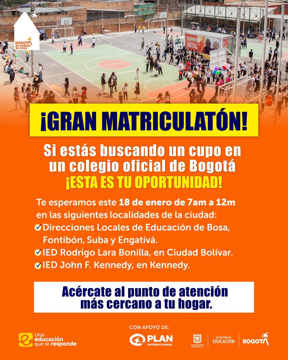 IsabelSegoviaO's tweet photo. 📣 ¡Llegó el día! Hoy es la Gran Matriculatón. Que ninguna niña, niño o joven en Bogotá se quede sin estudiar y con el apoyo de @FundacionPlan estaremos esperándolos para la asignación de nuevos cupos. 

Más detalles aquí 👉 https://t.co/lrIDrwK3W5 https://t.co/hPMHIh7TJO