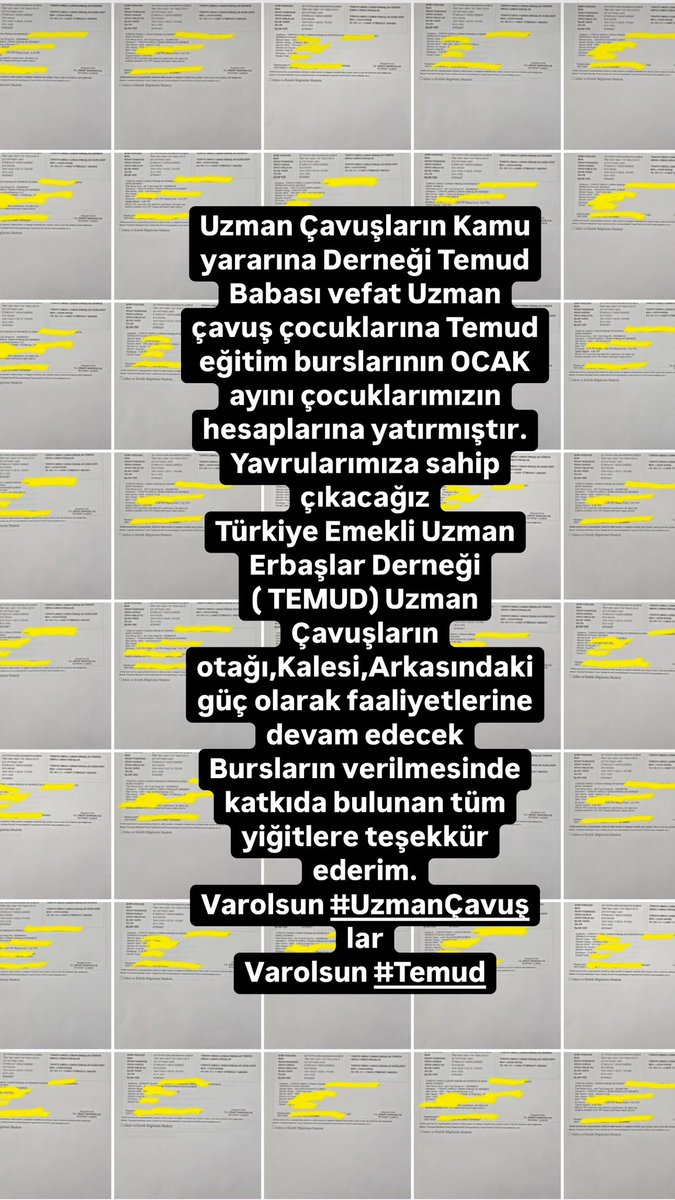 Uzman Çavuşların Kamu yararına Derneği Temud 
Babası vefat Uzman çavuş çocuklarına Temud eğitim burslarının OCAK ayını çocuklarımızın hesaplarına yatırmıştır.
Yavrularımıza sahip çıkacağız
Türkiye Emekli Uzman Erbaşlar Derneği ( TEMUD) Uzman Çavuşların otağı,Kalesi,Arkasındaki