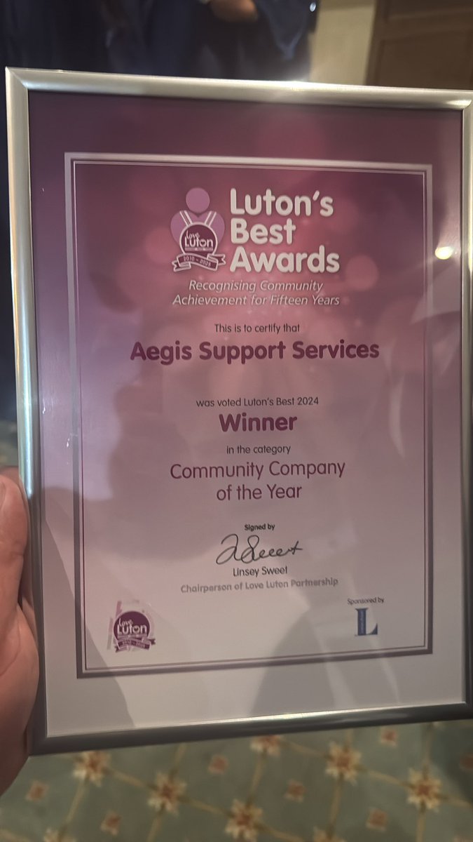 Aegis Support Services (@aegis_support) on Twitter photo What a night at the <a href="/love_luton/">Love Luton</a> awards last night. We won the Community Business of the Year. Our CEO Qadeer won the Entrepreneur of the Year, training manager Muddy taking the Keeping Luton Safe award and our young star <a href="/maryxm_7/">maryam khalil</a> taking the Young Achiever of the Year. What a night at the <a href="/love_luton/">Love Luton</a> awards last night. We won the Community Business of the Year. Our CEO Qadeer won the Entrepreneur of the Year, training manager Muddy taking the Keeping Luton Safe award and our young star <a href="/maryxm_7/">maryam khalil</a> taking the Young Achiever of the Year.