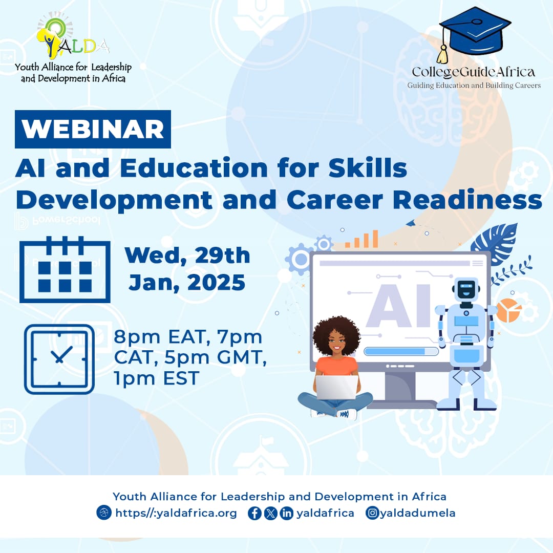 YALDACameroon's tweet photo. JOIN US on 29th January 2025 -  8 pm EAT, 7 pm CAT, 5 pm GMT, 1 pm EST for the  "AI and Education for Skill Development and Career Readiness"  Webinar. 

REGISTER HERE TO JOIN: https://t.co/PiqviJkuqN

#AI&amp;Education 
#SkillsDevelopment 
#CareerReadiness https://t.co/gg5LDc2nCW