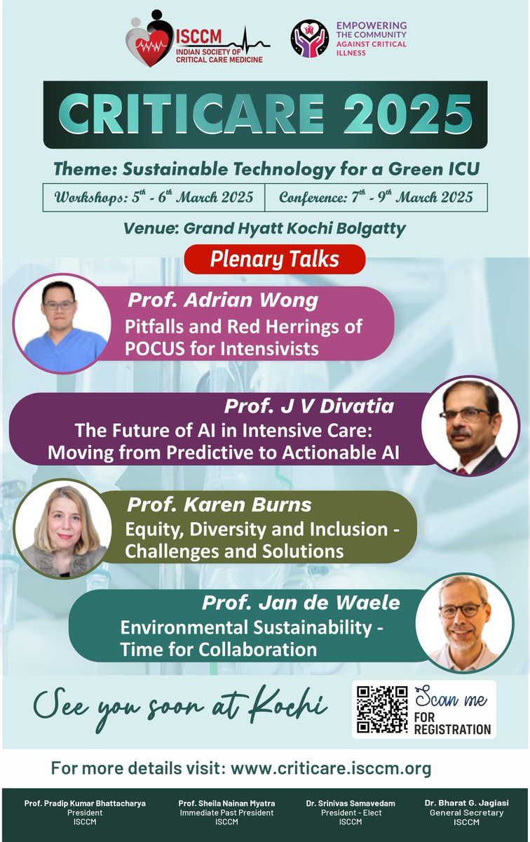 Plenary Talks at CRITICARE 2025 

Insights from Global Experts at CRITICARE 2025!
  
Discover the future of intensive care with Prof. Adrian Wong on POCUS pitfalls, Prof. J.V. Divatia on Actionable AI, Prof. Karen Burns on Equity and Inclusion, and Prof. Jan de Waele 

#isccm