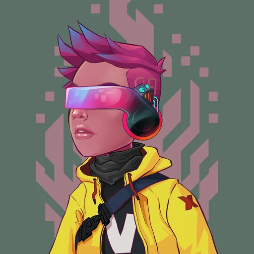 GM Degens! 

Degen #1015 moves with fearless purpose. Spiked pink hair, a glowing visor, and a bold yellow jacket marked with an "X" exude defiance and unshakable confidence.

She doesn’t linger, but her impact stays—a spark of revolution, or the one who ignites it.