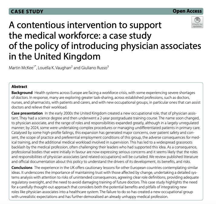 If you want to know a factual description about the  disaster otherwise known as 'Implementation of adding PA/AA to the workforce' ?

Read this via <a href="/DrLKVaughan/">Louella Vaughan</a> et al

Careers harmed- &amp; relevant <a href="/NHSE_WTE/">NHS England Workforce, Training and Education</a> leadership- need to stand down now <a href="/wesstreeting/">Wes Streeting</a> 

…an-resources-health.biomedcentral.com/articles/10.11…