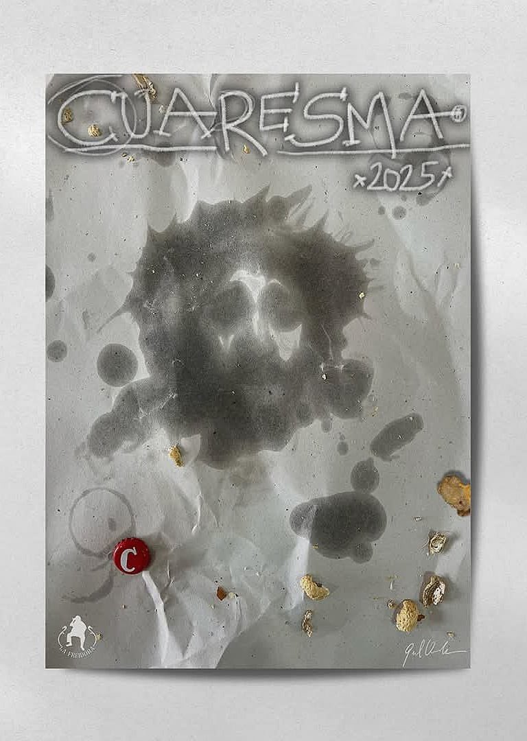 Un papel de pescao frito, soporte para el cartel de la tertulia Cuaresma de Utrera. Obra de Gonzalo Quesada