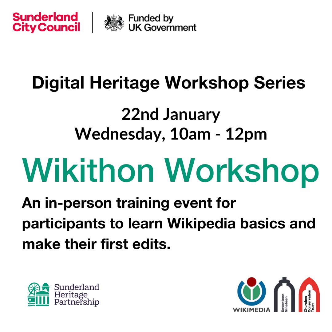 Do you have a passion for Sunderland's heritage? Want to share it with the world? 🤔 Join our Wikipedia training session with Wikimedia UK, learn how to contribute to the world's largest online encyclopedia!  Book now: 👉 tiny.cc/WikiWS 🌍 Wednesday 22nd January 10-12pm