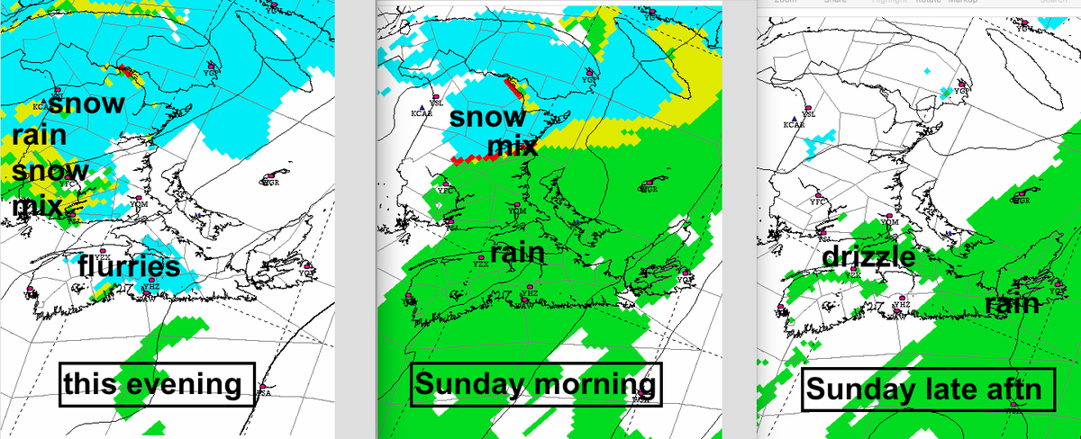 YHZweatherguy's tweet photo. Gradual thickening clouds today. Snow moves in tonight changing to rain in southern Maritimes. The rain moves out from W to E Sunday (eve CB).  5-10cm snow N NB; up to 25mm rain Fundy &amp; Atl coasts.
Note: snow develops quickly in NB Sunday eve/night; rain Atl coast (details TBD). https://t.co/dFzyQktHjN