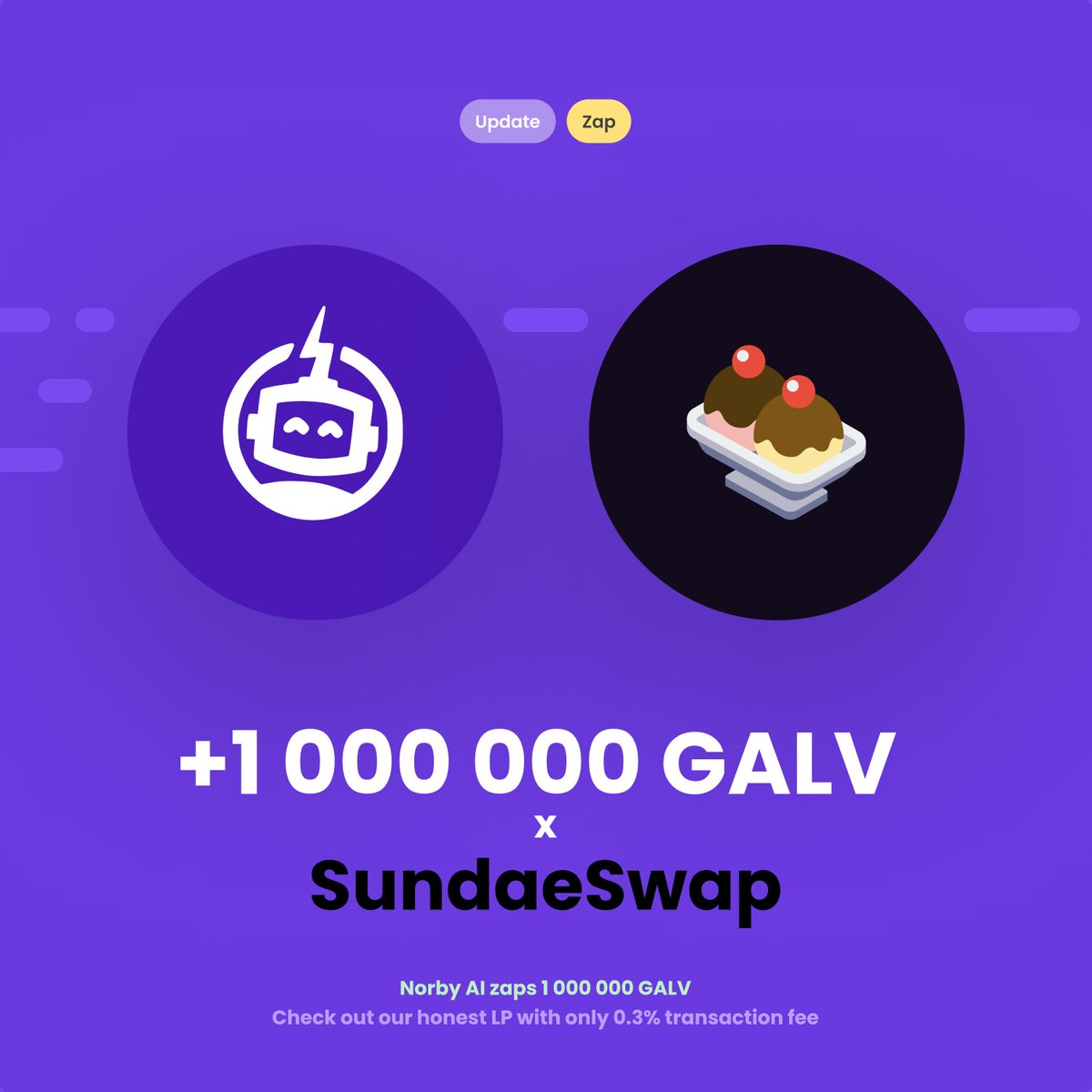 norby_io's tweet photo. Norby AI zaps +1 000 000 GALV into @SundaeSwap LP
More $GALV, more opportunities! ☄️ https://t.co/7niGlzMiu5