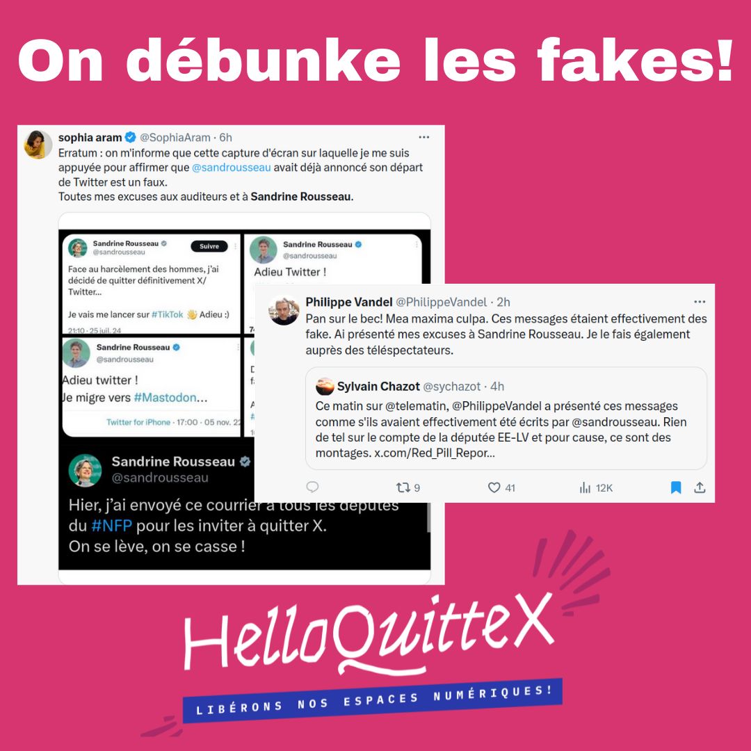 AuPoste1's tweet photo. Lors de notre soirée #HelloQuitteX #AuPoste, @sandrousseau interpella ses collègues de l'Assemblée. Immédiatement, son tweet fut pris d'assaut par les haineux ordinaires. De faux tweets ont commencé à circuler, des captures d'écran en pagaille,  Philippe Vandel et Sophia Aram validèrent les fakes dans leurs chroniques radiophoniques, avant de s'excuser platement sur X.

Il s'agit d'un cas d'école: non, les «notes de communautés» ne garantissent (hélas) rien de la bonne tenue des débats. Elles peuvent même, comme dans ce cas, apporter du crédit.

Pour tout comprendre, lire #HelloQuitteX https://t.co/5xdX1t0UD4