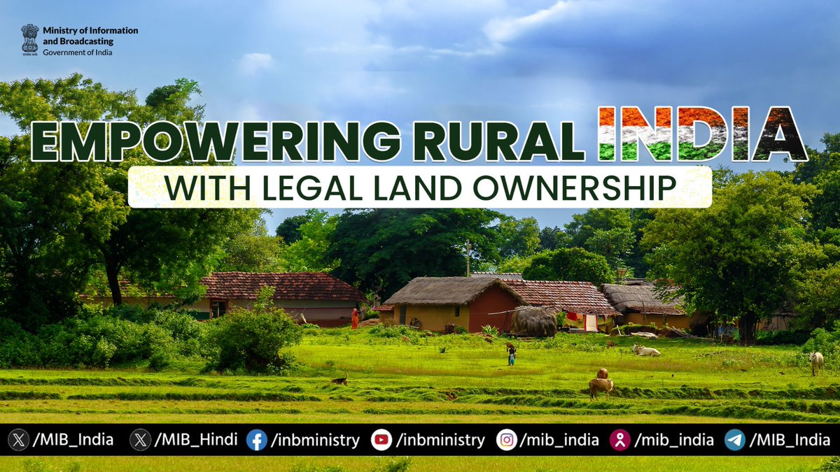 MIB_India's tweet image. #SVAMITVA Scheme is transforming rural India.

On January 18, 2025, 65 lakh property cards were e-distributed across 50,000+ villages, empowering communities with legal ownership, resolving disputes, and enabling financial inclusion.

#SvamitvaScheme

Read more:…