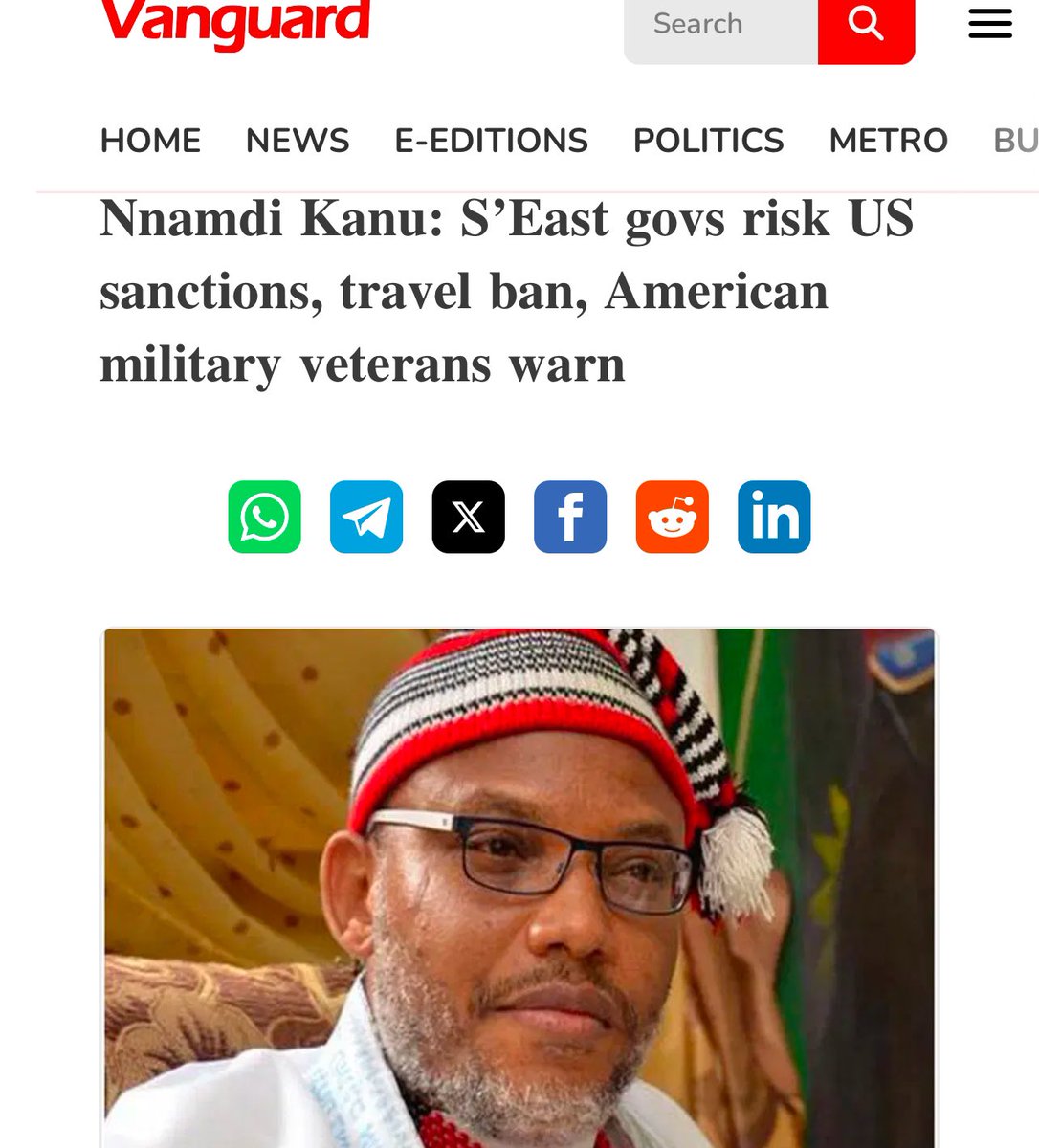 AloyEjimakor's tweet photo. “American Military Veterans of Igbo Descent has warned that Southeast Governors risk a range of US presidential sanctions including travel ban and confiscation of assets on US soil over their alleged complicity in the continued detention of Mazi Nnamdi Kanu” - @vanguardngrnews. https://t.co/HVMI99bf0r
