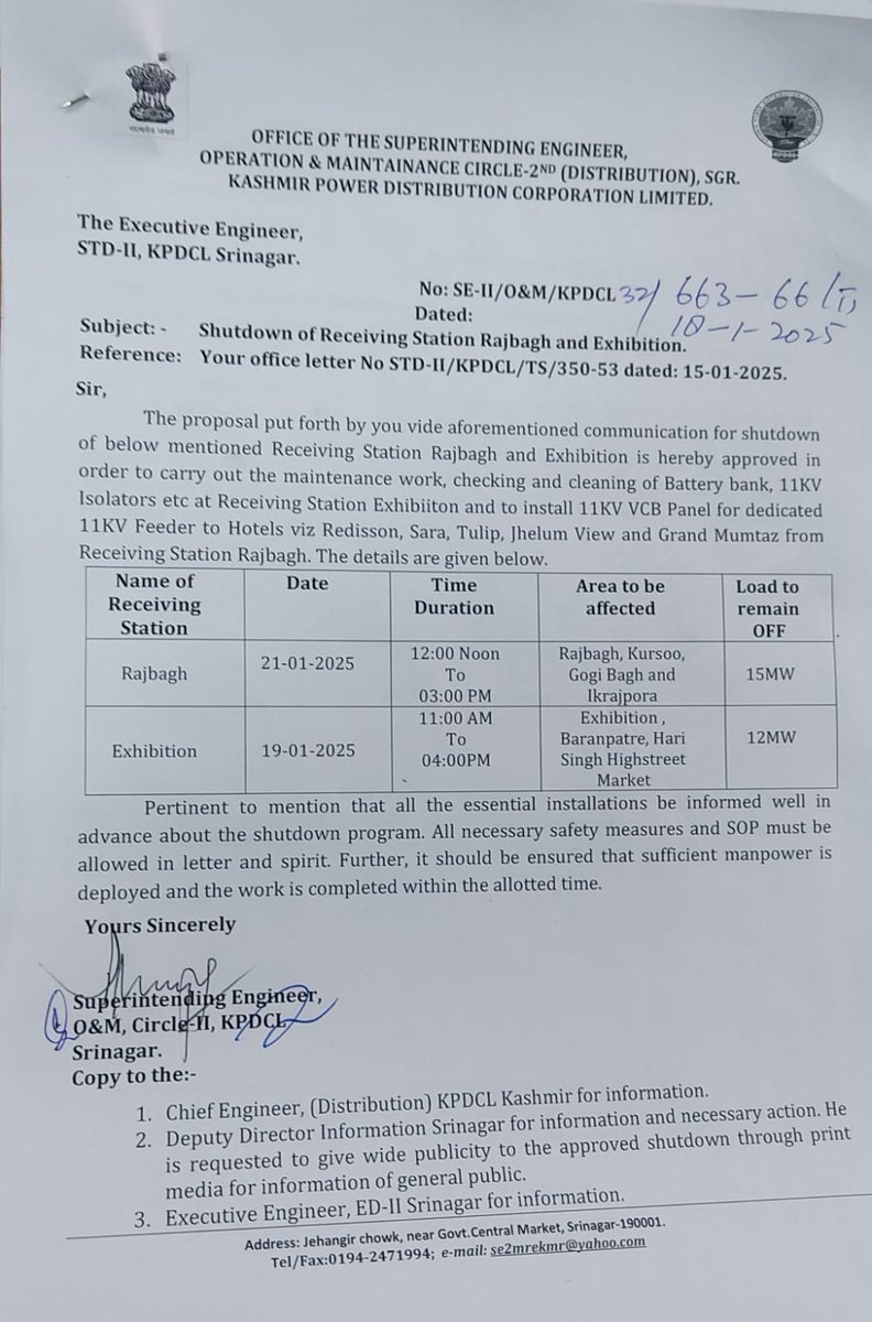 ED-IInd, Rajbagh, Srinagar (KPDCL) (@ediindrajbagh) on Twitter photo Power supply to Sarai Bala, HSHS Market, Baran Pather and adjoining areas shall remain OFF tommorrow from 11:00 AM to 4:00 PM in view of power shutdown approved for Receiving Station Exhibition
<a href="/diprjk/">Information & PR, J&K</a>
@kpdclofficial
<a href="/cekpdcl/">CHIEF ENGINEER, DISTRIBUTION, KPDCL(PDD)</a>
<a href="/secircleII/">O&M Circle-II, KPDCL, Srinagar</a> Power supply to Sarai Bala, HSHS Market, Baran Pather and adjoining areas shall remain OFF tommorrow from 11:00 AM to 4:00 PM in view of power shutdown approved for Receiving Station Exhibition
<a href="/diprjk/">Information & PR, J&K</a>
@kpdclofficial
<a href="/cekpdcl/">CHIEF ENGINEER, DISTRIBUTION, KPDCL(PDD)</a>
<a href="/secircleII/">O&M Circle-II, KPDCL, Srinagar</a>