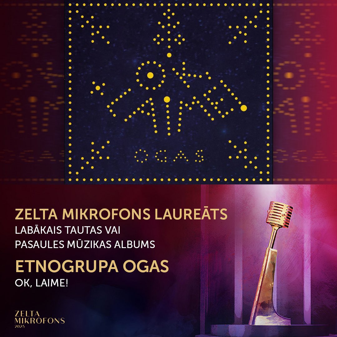 Kategorijā “Labākais tautas vai pasaules mūzikas albums” Zelta mikrofonu iegūst Etnogrupa Ogas ar albumu “Ok, laime!”! 🎙️