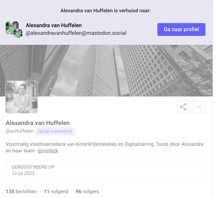 De gluiperige gnoom <a href="/AvHuffelen/">Alexandra van Huffelen</a> heeft 96 volgers op Mastodon.