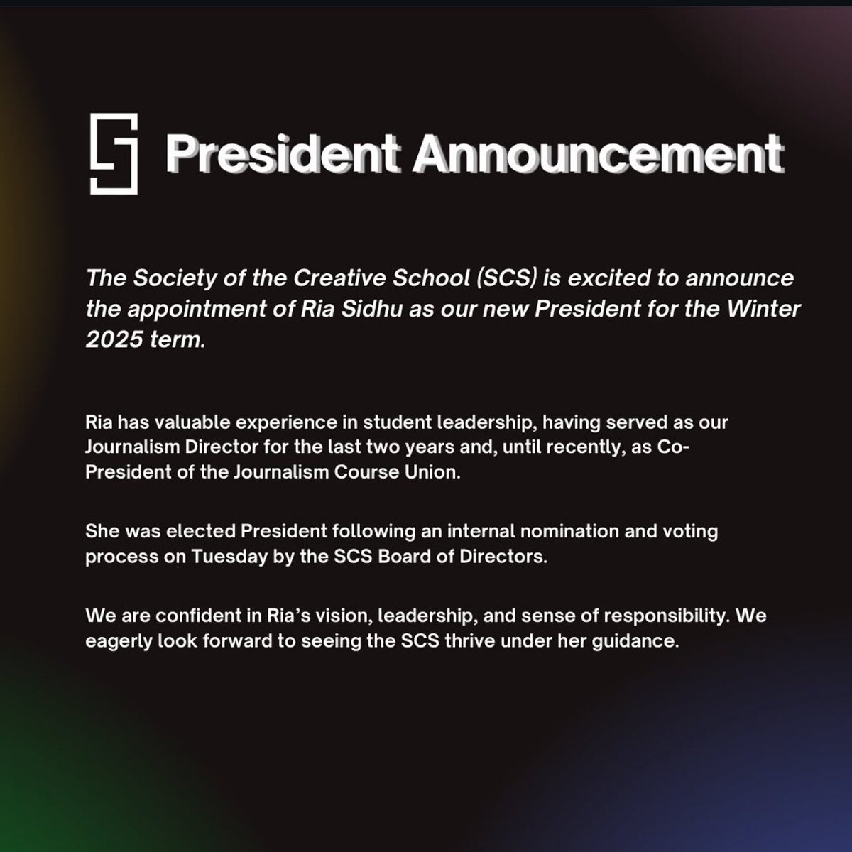 Excited to announce that I’ve been elected as the President of the Society of The Creative School at TMU