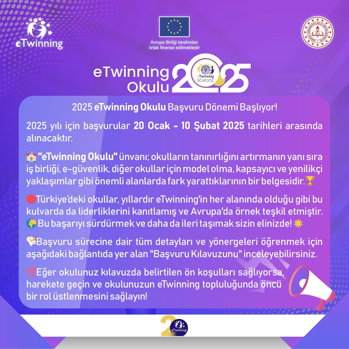 📢 2025 eTwinning Okul Etiketi Başvuru Dönemi Başlıyor!

‼️2025 yılı için başvurular 20 Ocak - 10 Şubat 2025 tarihleri arasında alınacaktır.

📎 Başvuru Kılavuzu için : 
meb.ai/UqGlXVA
<a href="/mebyegitek/">Yenilik ve Eğitim Teknolojileri Genel Müdürlüğü</a>