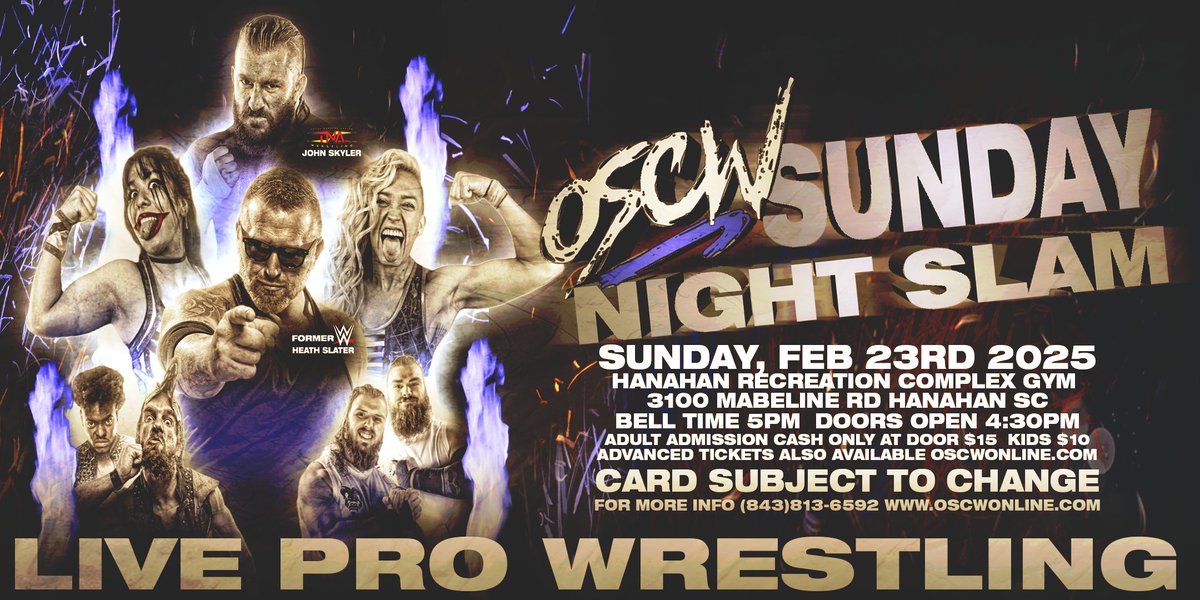 Hey CHARLESTON SC! Don't miss the PRO WRESTLING action coming to you on Feb 23rd. It's LIVE and LOCAL right here in Low Country.