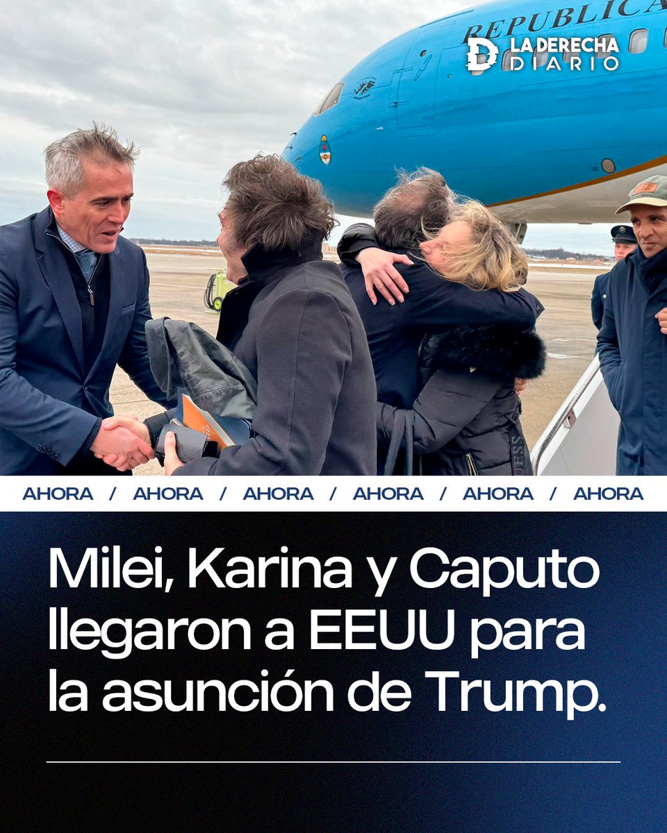 laderechadiario's tweet photo. 🇺🇸🇦🇷 | #AHORA El presidente Javier Milei llegó a los Estados Unidos para la asunción presidencial de Donald Trump, junto a la secretaria general de la Presidencia, Karina Milei, y el ministro de Economía, Luis "Toto" Caputo. https://t.co/XH4M3LeObp