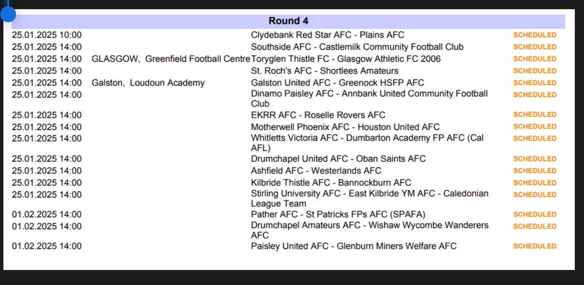 Please see below an amended fixture schedule based on Scottish Cup games for next weekend, some fixtures may have to be re scheduled again later.  Your leagues have the contact Nos of the allocated referee 

Good luck to all clubs