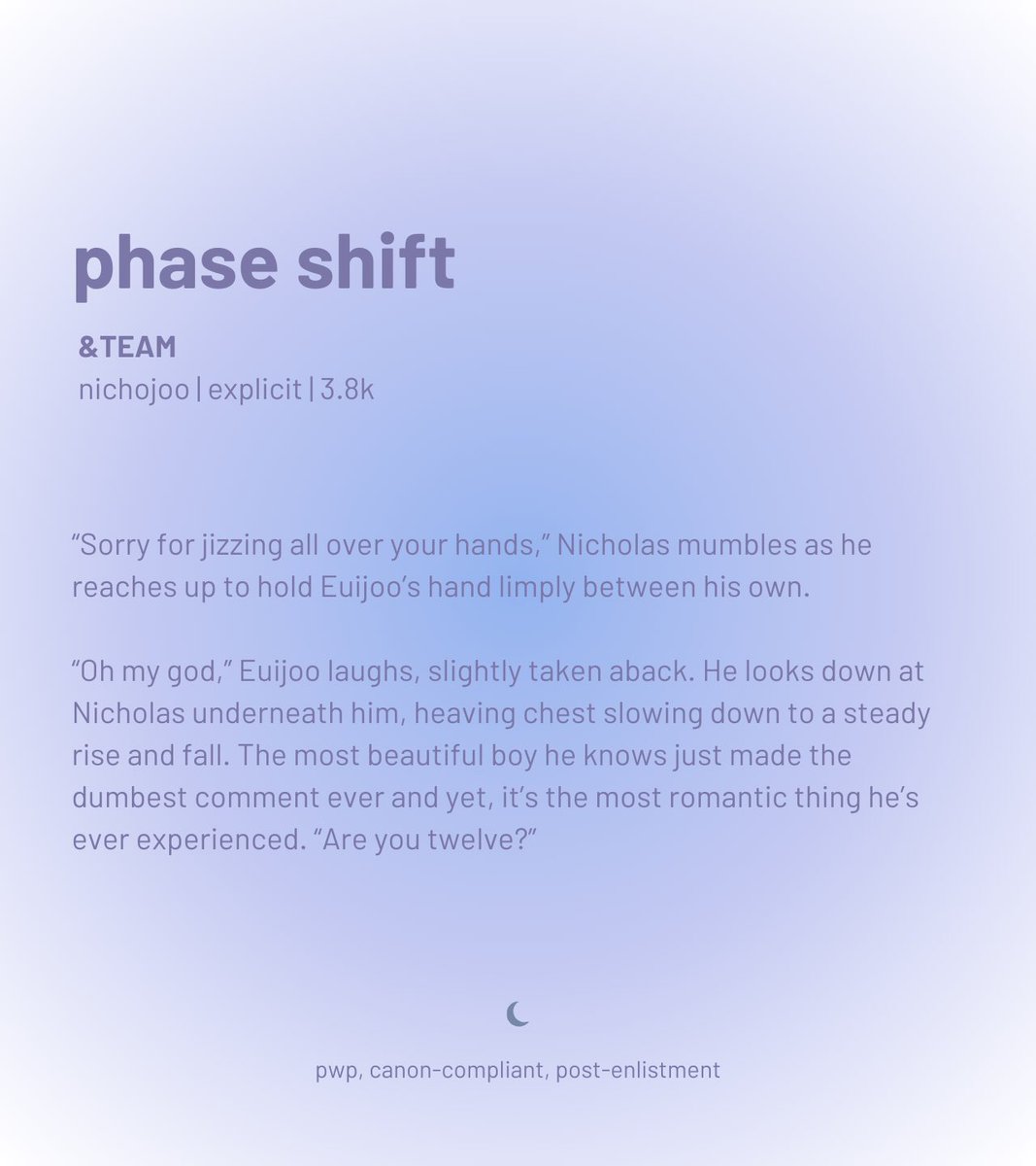 eggyeolkz's tweet photo. 🌒 phase shift 
— &amp;t, nc/ej
— explicit | 3.8k 
— pwp, canon compliant, post-enlistment

🔗 https://t.co/aUeZc1TWNo https://t.co/ulo7ATvrJN