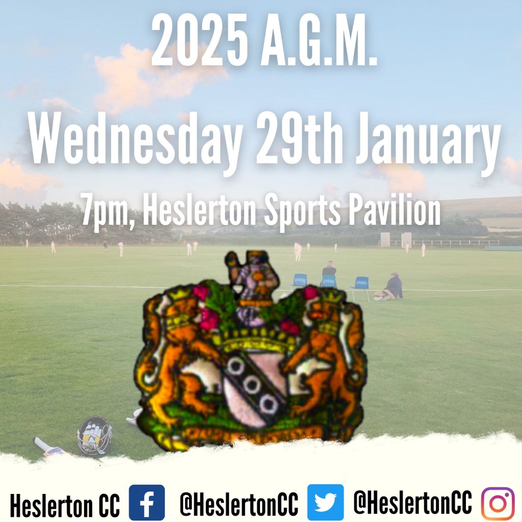 Our 2025 AGM will take place at Heslerton Sports Pavilion, on Wednesday 29th January. 

Starting at 7pm, anyone interested in the future of cricket in Heslerton is welcome to attend!

#HCC