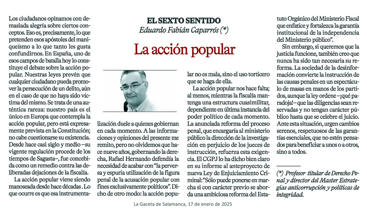 Eduardo Fabián C. (@caporrismo) on Twitter photo Aun si no la previera la Constitución, necesitaremos la acción popular mientras la fiscalía mantenga su actual diseño; pero necesita retoques para que la justicia no se convierta en un circo. Cada cual habla de la feria según le va en ella. <a href="/LaGacetaSA/">La Gaceta de Salamanca</a> lagacetadesalamanca.es/opinion/firmas… Aun si no la previera la Constitución, necesitaremos la acción popular mientras la fiscalía mantenga su actual diseño; pero necesita retoques para que la justicia no se convierta en un circo. Cada cual habla de la feria según le va en ella. <a href="/LaGacetaSA/">La Gaceta de Salamanca</a> lagacetadesalamanca.es/opinion/firmas…