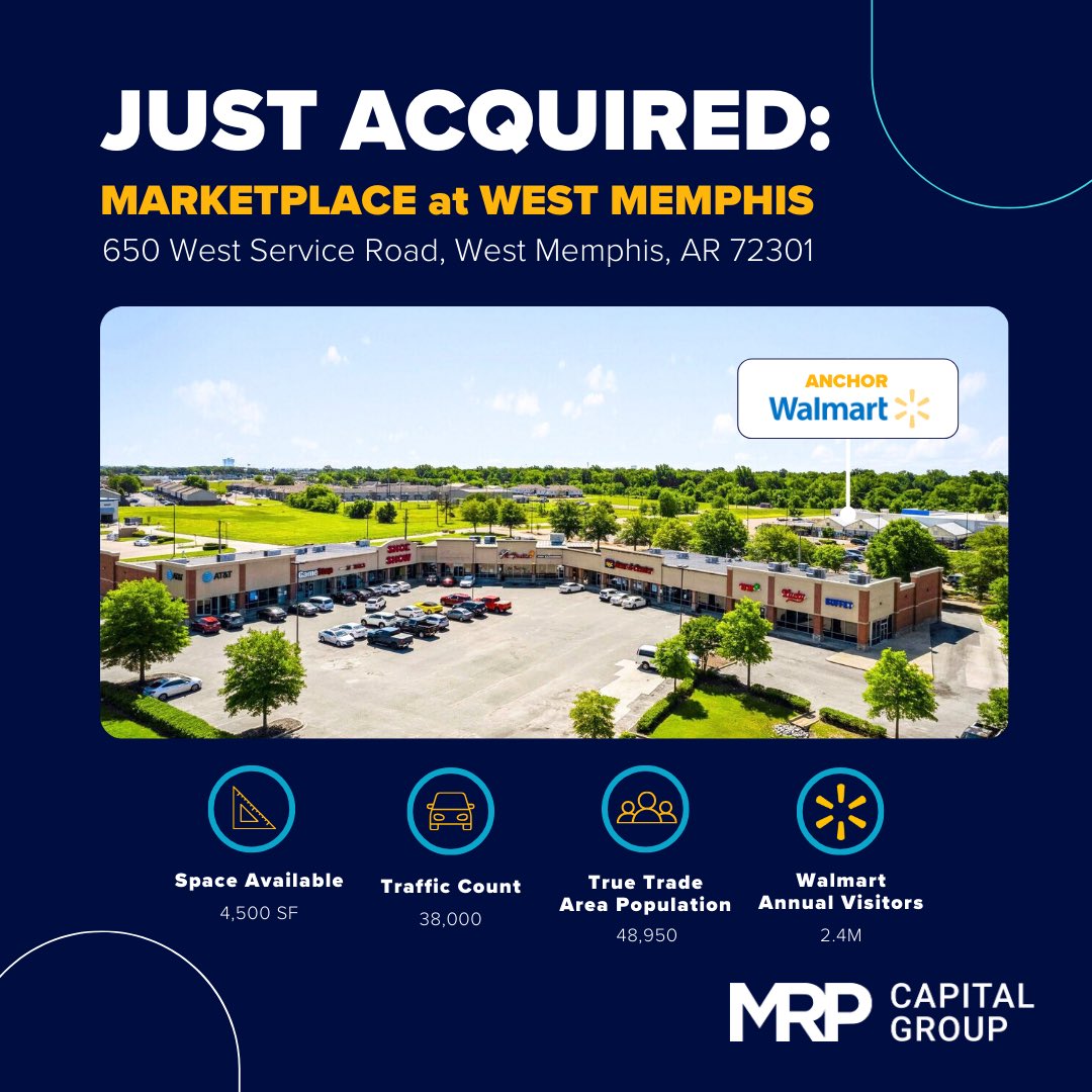 FlyoverCRE's tweet image. West Memphis, AR - Our first Walmart Shadow Center acquisition of 2025 is a special one

It’s one of those properties we’ve  driven by for years and say “we need to buy that one”

Sitting between @Walmart and the intersection of Interstates 55 and 40, this center is the…