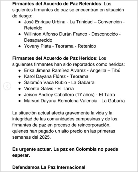 ⚠️EXIGIMOS LA LIBERACIÓN de los #FirmantesDePaz secuestrados por #ELN el pasado 16 de enero en #Catatumbo:  José Enrique Urbina, Willinton Durán y Yovany Plata, personas desarmadas que han estado pacíficamente en proceso de reincorporación.

<a href="/dlpinternal/">Defendamos la Paz Internacional</a> 
#LiberenlosYa
#URGENTE