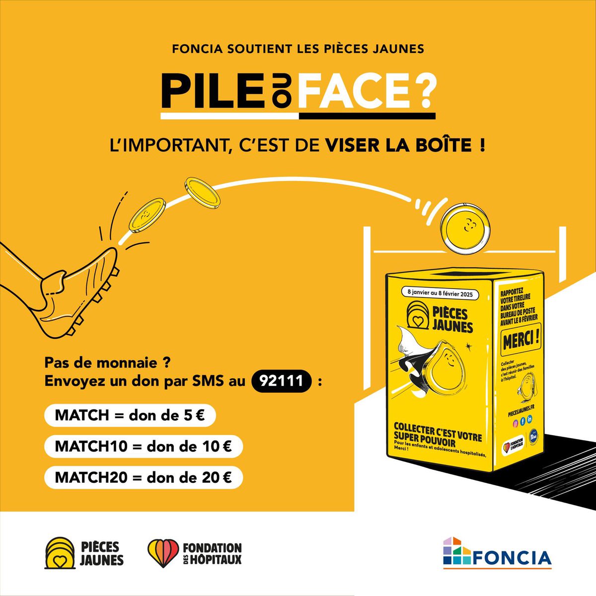 Retrouvez-nous ce soir pour le match de Champions Cup <a href="/racing92/">Racing 92</a> vs <a href="/THESTORMERS/">DHL Stormers</a> 🏉 au stade
<a href="/ParisLaDefArena/">Paris La Défense Arena</a> !
L'occasion de soutenir la campagne <a href="/piecesjaunes/">Pièces Jaunes</a> et <a href="/FondHopitaux/">Fondation des Hôpitaux</a> 2025.
Ensemble, on joue, on donne, et on change des vies ! 💛👉 shorturl.at/Jm17f