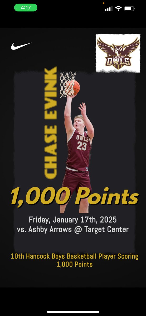 10th Hancock Boys Basketball Player to score 1,000 points.  Congrats Chase Evink.