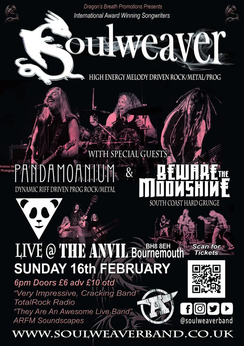 Soulweaverband's tweet image. THIS IS GOING TO BE EPIC BOURNEMOUTH!!
🤘SUN 16th Feb Soulweaver + @pandamoanium_uk + @beware_the_moonshineuk  @anvilrockbarbournemouth l Bournemouth. BH8 8EH. 
Doors 6pm.
Tickets: £6 adv
TICKETS: fatso.ma/0XMj

#londondrumstickcompany #statusgraphite #FenderCustomShop