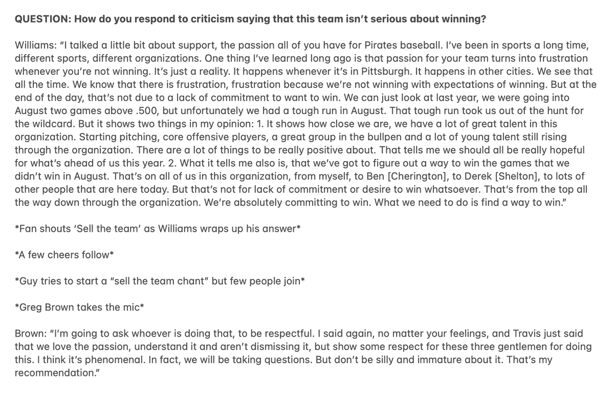 _NoahHiles's tweet photo. Don't have it on video, but here is a transcribed layout of how the "sell the team" chant went down during the first question of "Ask Pirates management" at Pirate fest: https://t.co/8e7WG87rZX