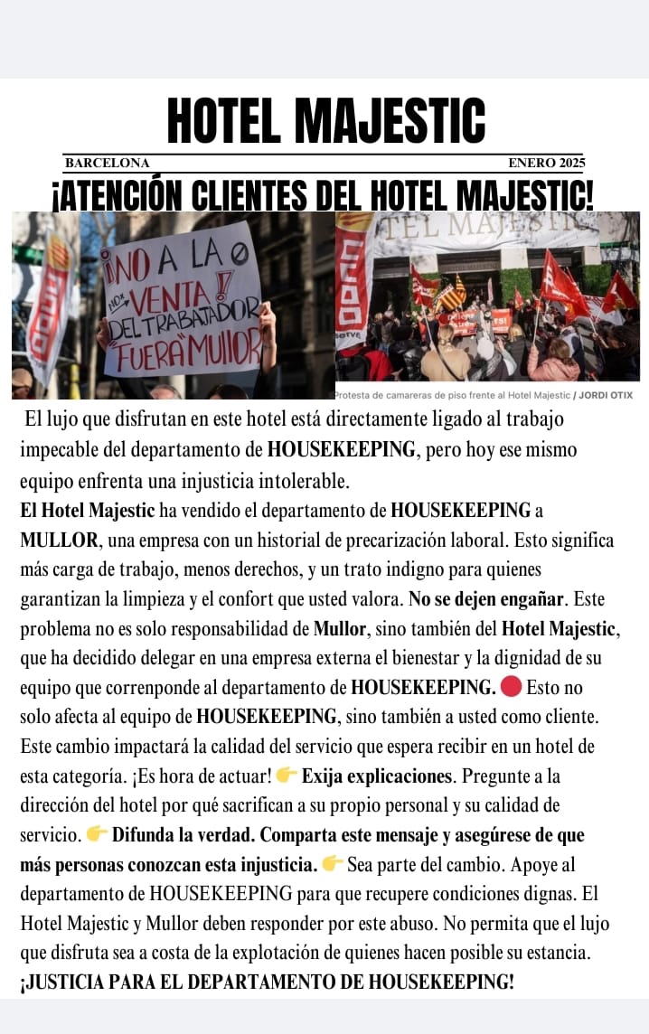 Kellys Unión Catalunya (@kellysunioncat) on Twitter photo No se puede permitir que se Externalice el departamento del emblemático hotel 🏨 <a href="/hotelmajestic/">Majestic Hotel & Spa</a> @laskellys no vamos a mirar para otro lado, 10 años luchando contra la externalización no van a caer en saco roto. <a href="/ccoocatalunya/">CCOO de Catalunya</a> <a href="/CGTCatalunya/">CGT Catalunya 🚩🏴</a> <a href="/hosteleriaugt/">Hosteleria UgtCat</a> No se puede permitir que se Externalice el departamento del emblemático hotel 🏨 <a href="/hotelmajestic/">Majestic Hotel & Spa</a> @laskellys no vamos a mirar para otro lado, 10 años luchando contra la externalización no van a caer en saco roto. <a href="/ccoocatalunya/">CCOO de Catalunya</a> <a href="/CGTCatalunya/">CGT Catalunya 🚩🏴</a> <a href="/hosteleriaugt/">Hosteleria UgtCat</a>