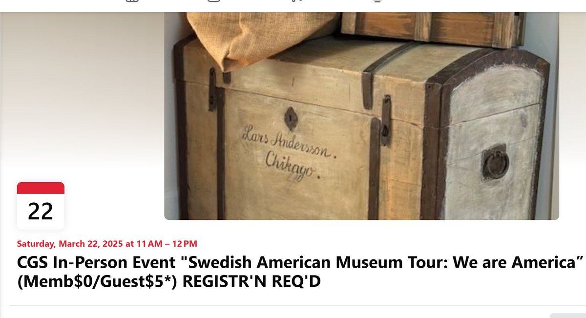 Join us on March 22, 2025 from 11:00 a.m.-12:00 noon central for our CGS IN-PERSON Event: “Swedish American Museum Tour: We are America" (CGS Member $0/Guest $5 paid during online registration). Registration req'd for everyone. Details at chicagogenealogy.org/event-5877940 #ChicagoGenSoc