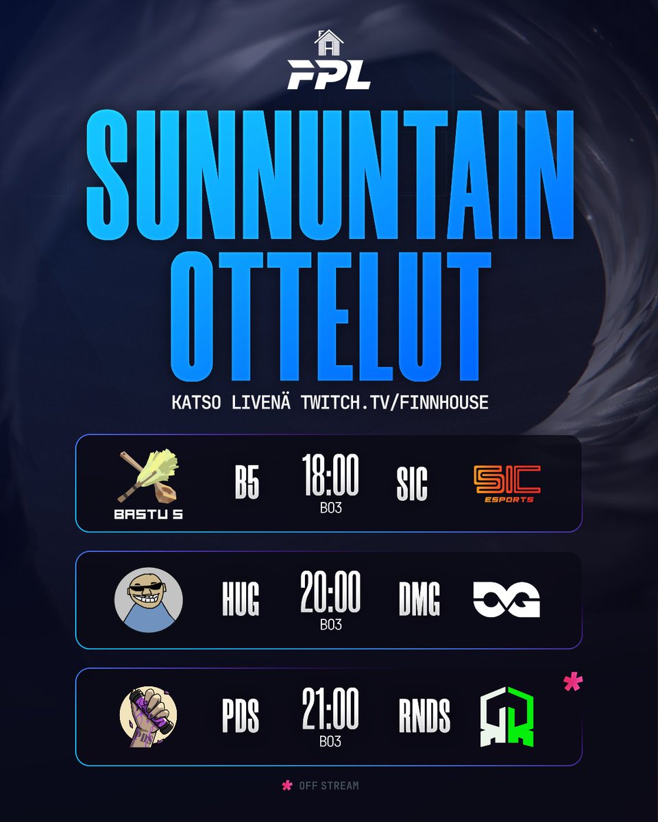 Huomenna viikko pakettiin 🎁

<a href="/bastufive/">Bastu Five</a> VS <a href="/SICesportsFI/">SIC esports</a> 
twitch.tv/finnhouse

<a href="/HuutisGaming/">Huutis Gaming</a> VS <a href="/DMGesportsFI/">DMG Finland</a> 
twitch.tv/finnhouse

<a href="/petenvirma/">Peten Tekoäly ja Tiktok-tanssikoulu</a> VS <a href="/RoundsGG/">ROUNDS</a> 
twitch.tv/roundsgg 

#OLEPELOTON