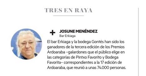Ardoaraba Gasteiz On (@ardoaraba) on Twitter photo Zorionak a las personas ganadoras, en especial a Josune del <a href="/BarErkiaga/">Bar Erkiaga</a> a la que ha querido destacar <a href="/NoticiasdeAlava/">Diario de Noticias de Álava</a> en su tres en raya 👏
#Ardoaraba #GasteizOn Zorionak a las personas ganadoras, en especial a Josune del <a href="/BarErkiaga/">Bar Erkiaga</a> a la que ha querido destacar <a href="/NoticiasdeAlava/">Diario de Noticias de Álava</a> en su tres en raya 👏
#Ardoaraba #GasteizOn