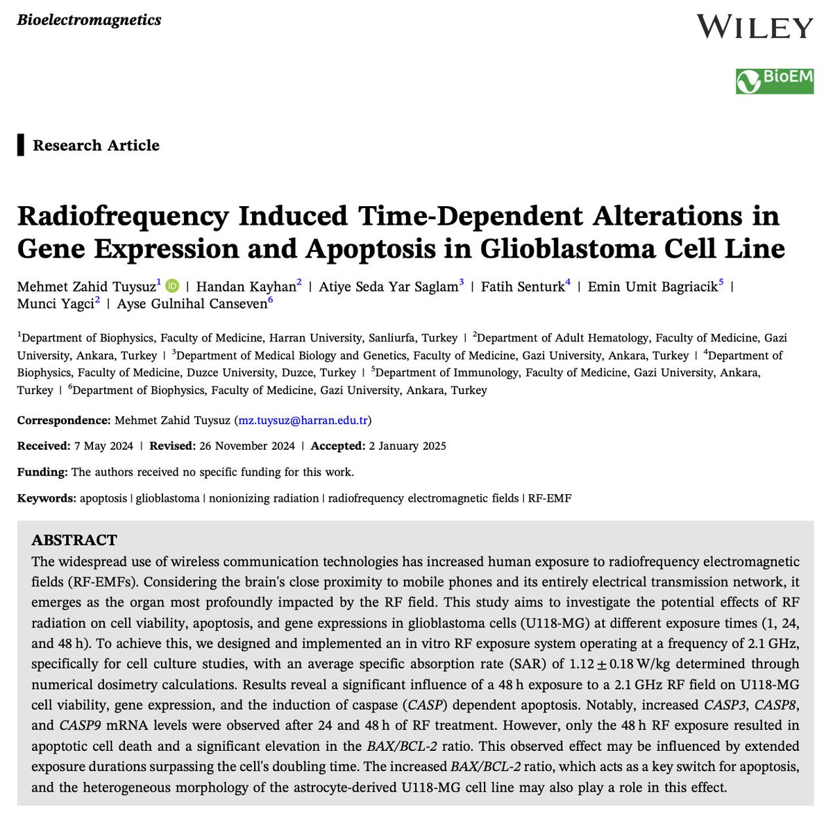 Changes in gene expression in GBM cell line by 2.1 GHz #RF at SAR~1 W/Kg.
Published in Bioelectromagnetics, the flagship of the RF /EMF community.
This is not supposed to be possible.
From Turkey 🇹🇷.
onlinelibrary.wiley.com/doi/full/10.10…