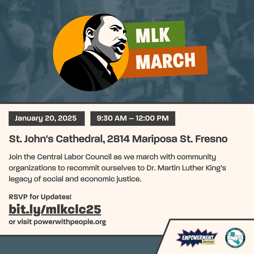 CentralCALabor's tweet image. This Monday! Join the Central Labor Council as we march with community organizations to honor Dr. Martin Luther King’s legacy of social &amp;amp; economic justice!⁠
⁠
⁠RSVP for updates at bit.ly/mlkclc25

#fresno #mlk #mlkmarch #martinlutherking