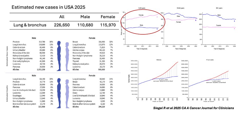 📖Cancer statistics, 2025. 👉For the first time, the number of newly diagnosed female lung cancer cases has surpassed that of males. 👉This significant increase, particularly among women under the age of 49, is largely driven by diagnoses in young women who have never smoked.